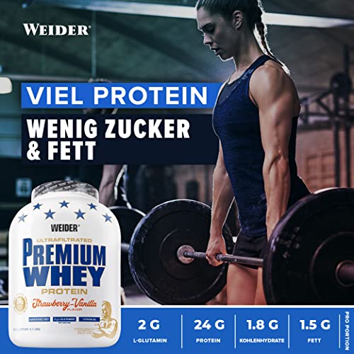 Weider Premium Whey, CFM, 2g de L-Glutamina por toma. Sabor Fresa-Vainilla - 2300 gr