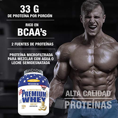 Weider Premium Whey, CFM, 2g de L-Glutamina por toma. Sabor Vainilla-Caramelo - 2300 gr