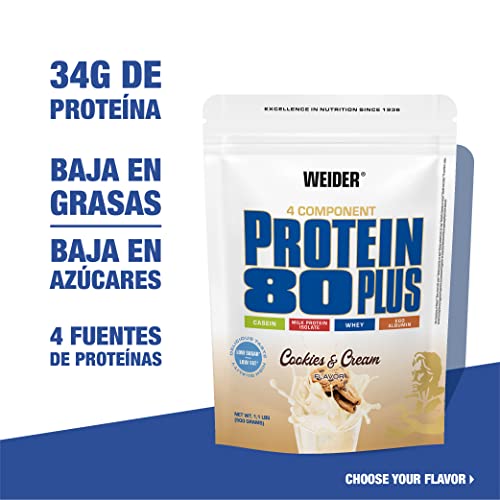 WEIDER Protein 80 Plus Multi-Component Protein Shake Powder, Sabor Cookies & Cream Casein & Whey, Low Carb, 500g