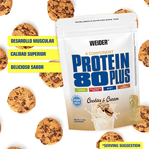 WEIDER Protein 80 Plus Multi-Component Protein Shake Powder, Sabor Cookies & Cream Casein & Whey, Low Carb, 500g