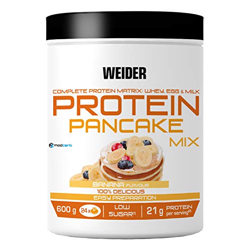 Weider Protein Pancake Mix. Tortitas de harina de avena integral, enriquecidas con proteinas. Sabor Banana - 600 gr
