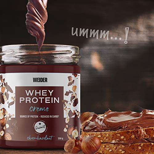 Weider Whey Protein Spread 250 g. Crema de avellana con 22% de proteínas Baja en azúcares Sin aceite de palma y sin gluten.