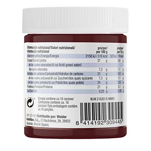 Weider Whey Protein Spread 250 g. Crema de avellana con 22% de proteínas Baja en azúcares Sin aceite de palma y sin gluten.