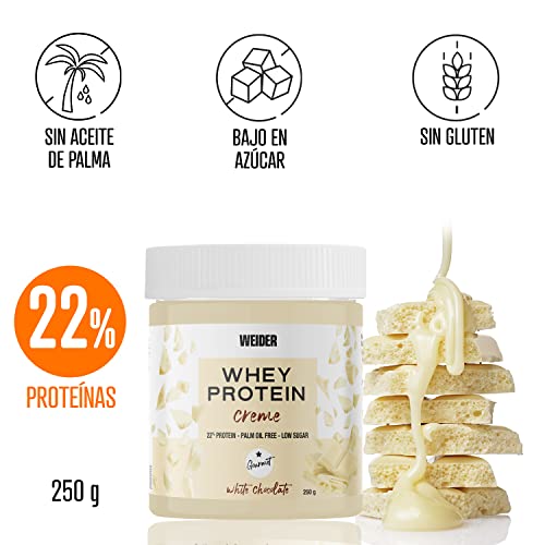 Weider Whey Protein White Spread 250 g. Crema de chocolate Blanco con 22% de proteínas Baja en azúcares Sin aceite de palma y sin gluten.