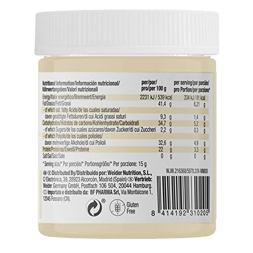 Weider Whey Protein White Spread 250 g. Crema de chocolate Blanco con 22% de proteínas Baja en azúcares Sin aceite de palma y sin gluten.