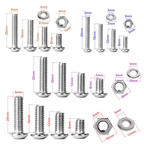 WEKON 520pcs Surtido de Tornillo, Tornillo Acero Inoxidable, Tuerca Acero Inoxidable, Surtido de Arandela, Tornillo Cabeza Botón M3 M4 M5 M6 con Caja Gruesa Fácil de Almacenar