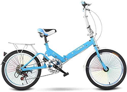WENHAO Bicicleta plegable for adultos, mujeres, hombres, rejilla trasera, guardabarros delanteros y traseros, 6 velocidades de aluminio Fácil plegable Ciudad Bicicleta de 20 pulgadas Ruedas de 20 pulg