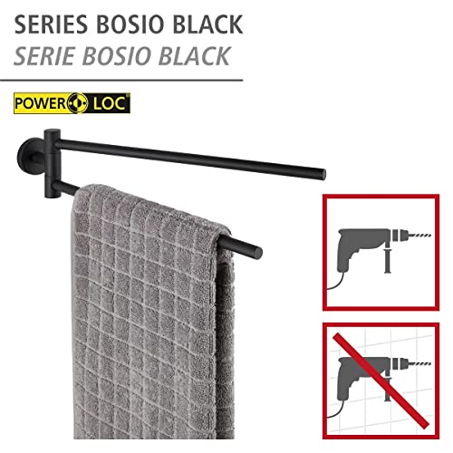 WENKO Toallero Bo Black mate con dos barras abatibles - Toallero de barra con 2 brazos orientables, Acero inoxidable, 5.5 x 9 x 43 cm, Mate