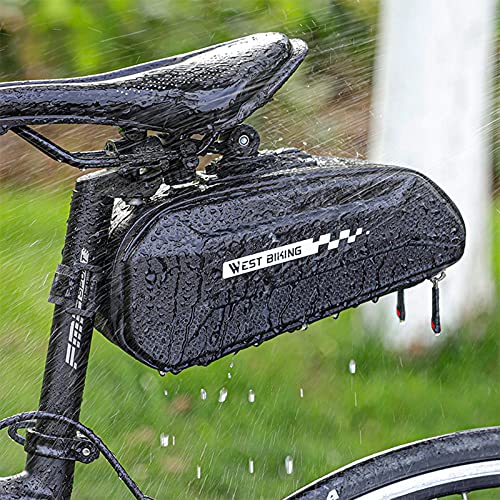 West Biking Alforja para sillín de bicicleta, compacta, gran capacidad y resistente a la lluvia, para bicicleta de montaña, bicicleta y bicicleta de carretera, con tiras reflectantes (negro)