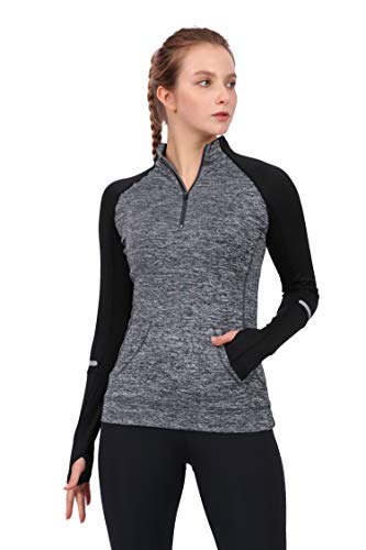 Westkun Camiseta de Manga Larga para Mujer Sudadera de Half Zip Deporte Chaqueta Yoga Casual Corriendo Pull-Over Tops con Agujeros para los Pulgares(Gris-B,L)