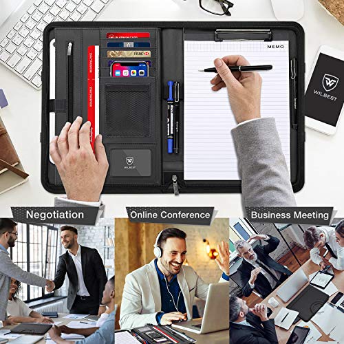 wilbest® Carpeta de Conferencia, Portadocumento Piel, Portafolio Piel con Cremallera - Doble Asas Magnéticas, 5 Ranuras para Tarjeta, A4 Portadocumentos, Compartimento para Tablet, 34 x 25 cm - Negro