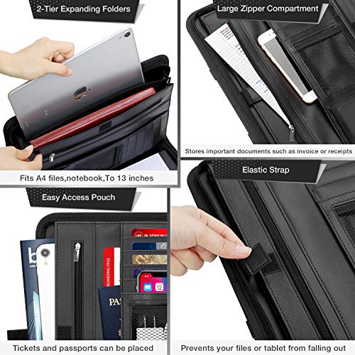 wilbest® Carpeta de Conferencia, Portadocumento Piel, Portafolio Piel con Cremallera - Doble Asas Magnéticas, 5 Ranuras para Tarjeta, A4 Portadocumentos, Compartimento para Tablet, 34 x 25 cm - Negro