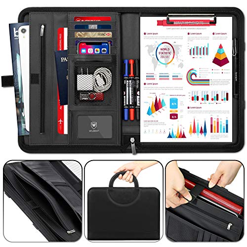 wilbest® Carpeta de Conferencia, Portadocumento Piel, Portafolio Piel con Cremallera - Doble Asas Magnéticas, 5 Ranuras para Tarjeta, A4 Portadocumentos, Compartimento para Tablet, 34 x 25 cm - Negro