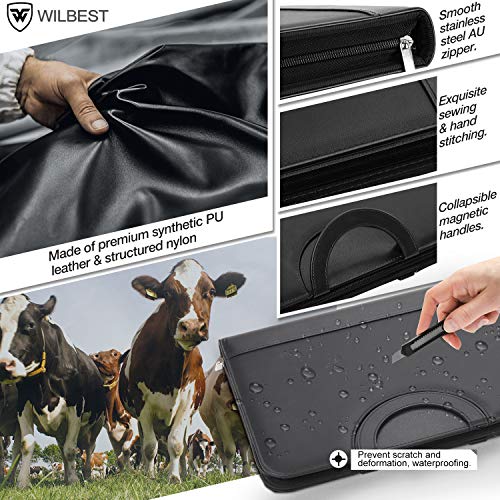 wilbest® Carpeta de Conferencia, Portadocumento Piel, Portafolio Piel con Cremallera - Doble Asas Magnéticas, 5 Ranuras para Tarjeta, A4 Portadocumentos, Compartimento para Tablet, 34 x 25 cm - Negro