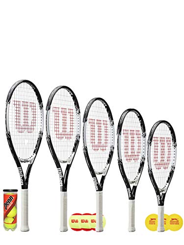 Wilson Federer Junior Raqueta de tenis + 3 pelotas de tenis (varias opciones de pelota) 19", 21", 23", 25" y 26" (25" + 3 bolas de etapa 2)