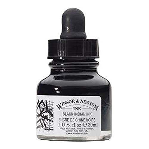Winsor & Newton Tinta para Dibujo Drawing Ink - frasco de 30ml cuenta gotas, tinta china negra, indian ink, resistente al agua y la luz