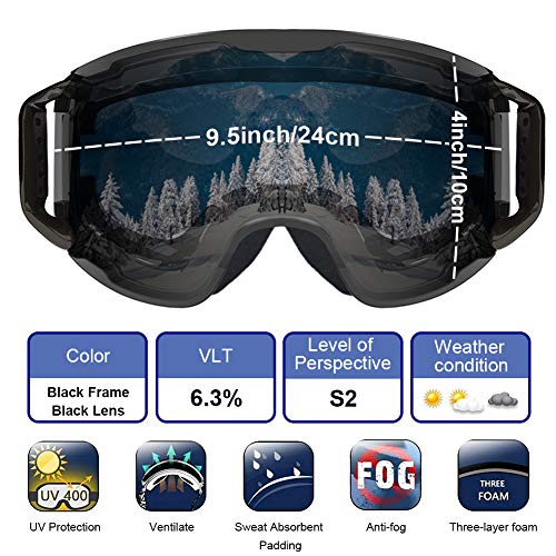 WLZP Gafas de esquí，Gafas Esqui Snowboard UV400 Protección para Hombres, Mujeres y jóvenes Esquiar OTG，Snowboard Deportes de Invierno nieve Lentes Anti-Niebla