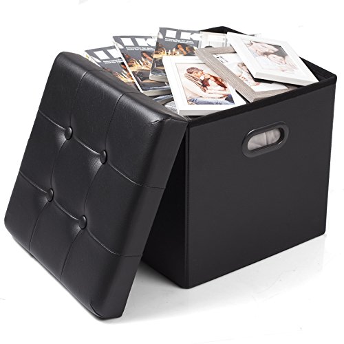 WOLTU Taburete Cubo Taburete con Caja de Almacenamiento Cofres Caja de Almacenamiento Plegable, Tapa Extraíble, con Asas, Asiento Acolchado de Imitación Cuero, 37.5 * 37.5 * 38CM, Negro, SH15sz