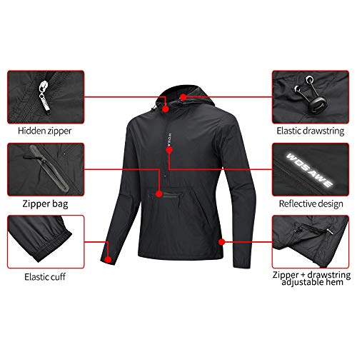 WOSAWE Chaqueta Rompevientos con Capucha, Ultra-Light Transpirable Ropa Deportiva para Correr, Competir, Acampar, Escalar, Motocicleta (Nuevo Negro XL)