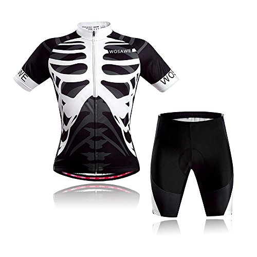 WOSAWE Trajes de ciclismo para hombre, transpirables, de manga corta, camiseta de bicicleta, camiseta de ciclismo y pantalones cortos acolchados 4D MTB Racing Set (traje esqueleto, M)