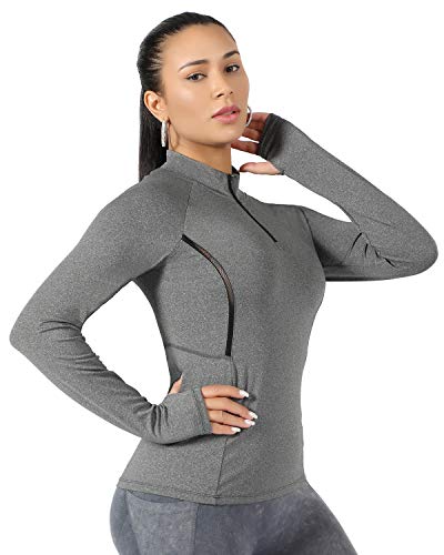 WOWENY Top de Running Ligero con Cremallera de 1/4 para Mujer, Camisetas de Manga Larga con protección Solar UPF 50+, Camisetas de Senderismo al Aire Libre para Ciclismo (Gris, S)