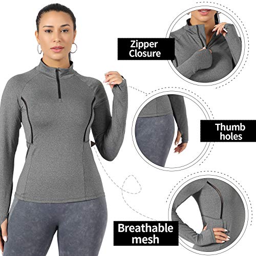 WOWENY Top de Running Ligero con Cremallera de 1/4 para Mujer, Camisetas de Manga Larga con protección Solar UPF 50+, Camisetas de Senderismo al Aire Libre para Ciclismo (Gris, S)