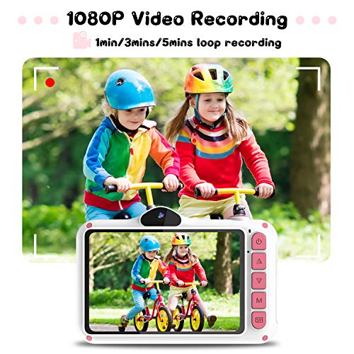 WOWGO Cámara para Niños, 3,5'' Digital Selfie Cámara Infantil Cámara Vídeo con 12 Megapíxeles, 1080P HD, Lente Dual, 32 GB Tarjeta TF, Pegatinas, Regalo para Niños