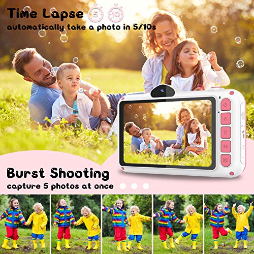 WOWGO Cámara para Niños, 3,5'' Digital Selfie Cámara Infantil Cámara Vídeo con 12 Megapíxeles, 1080P HD, Lente Dual, 32 GB Tarjeta TF, Pegatinas, Regalo para Niños