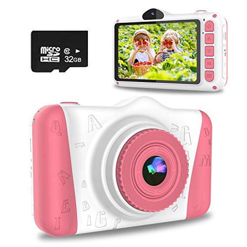 WOWGO Cámara para Niños, 3,5'' Digital Selfie Cámara Infantil Cámara Vídeo con 12 Megapíxeles, 1080P HD, Lente Dual, 32 GB Tarjeta TF, Pegatinas, Regalo para Niños
