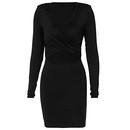 WRYIPSF Otoño Invierno Mujer Negro Manga Larga Ahuecado Cuello En V Mini Vestido Hombreras Ceñido Al Cuerpo Sexy Streetwear Party Club-Negro_L