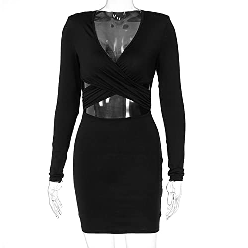 WRYIPSF Otoño Invierno Mujer Negro Manga Larga Ahuecado Cuello En V Mini Vestido Hombreras Ceñido Al Cuerpo Sexy Streetwear Party Club-Negro_L