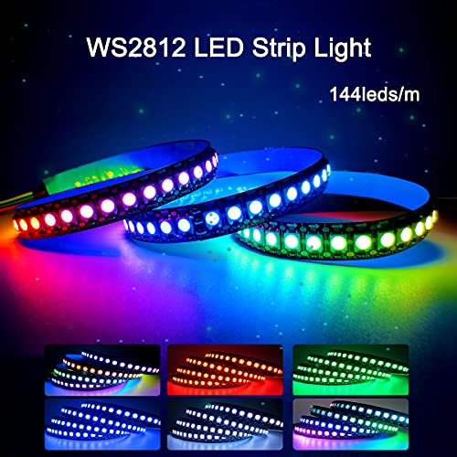 WS2812B Tira de luz LED 5V, Tesfish RGB Pixel Tiras LED 1M 144LEDs/M IP30 Flexible Negro PCB a Todo Color Tira de Luz LED Inteligente para Publicidad, Decoración, Proyectos DIY