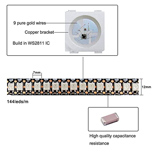 WS2812B Tira de luz LED 5V, Tesfish RGB Pixel Tiras LED 1M 144LEDs/M IP30 Flexible Negro PCB a Todo Color Tira de Luz LED Inteligente para Publicidad, Decoración, Proyectos DIY