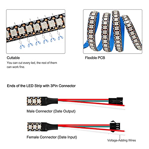 WS2812B Tira de luz LED 5V, Tesfish RGB Pixel Tiras LED 1M 144LEDs/M IP30 Flexible Negro PCB a Todo Color Tira de Luz LED Inteligente para Publicidad, Decoración, Proyectos DIY