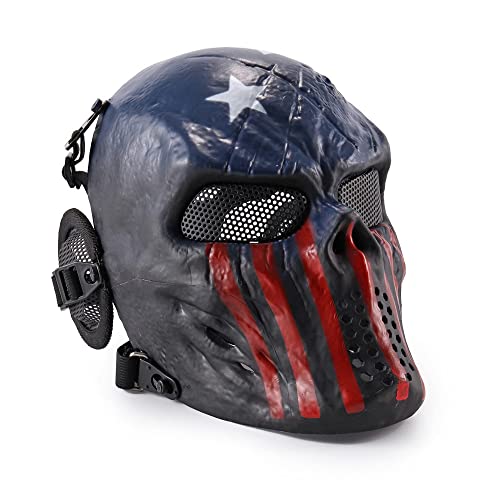 Wwman Máscara Táctica CS Airsoft de Cara Completa con Diseño de Calavera de, para Halloween, Cosplay, con Protección para Los Oídos, Capitán Americano