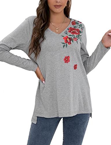 WXDSNH Camiseta De Mujer con Estampado De Cuello En V Dobladillo con Fondo Irregular Camiseta Informal Holgada De Manga Larga Camisetas De Streetwear Divididas para Mujer