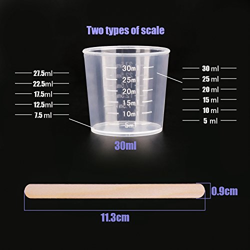 WXJ13 - Juego de 50 vasos graduados de plástico de 30 ml con 50 varillas de madera para mezclar pintura, manchas, epoxi, resina