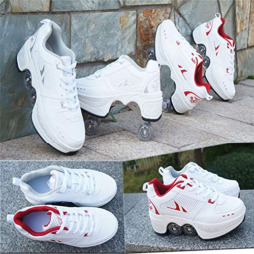 WYEING. Zapatos con Ruedas De Cuatro Ruedas Patines De Doble Propósito Automáticos Femeninos Patines De Doble Fila De Deformación Casual,Blanco,37