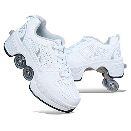 WYEING. Zapatos con Ruedas De Cuatro Ruedas Patines De Doble Propósito Automáticos Femeninos Patines De Doble Fila De Deformación Casual,Blanco,37