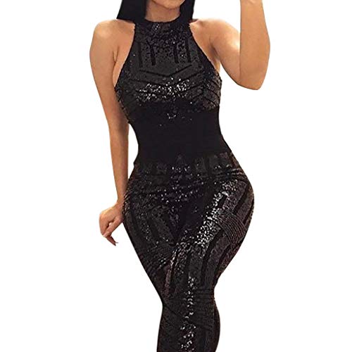 Wyxhkj Verano Mujer Mono Largo De Fiesta O-Cuello Sin Mangas Lentejuelas Mamelucos Sueltos Casuales (S, Negro)