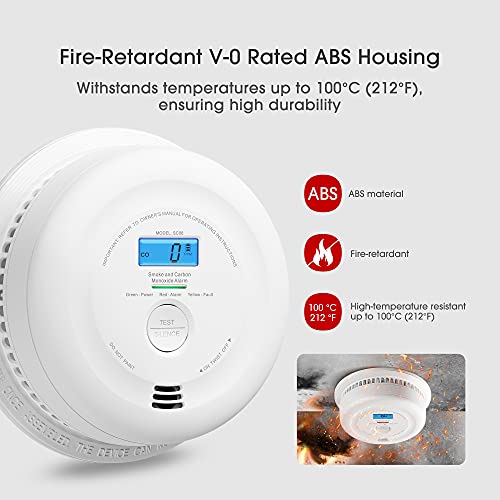 X-Sense Detector de humo y monóxido de carbono con batería de 10 años y pantalla LCD, Alarma de humo y CO de doble sensor cumple con estándares EN 14604 y EN 50291, Verificación automática, SC08