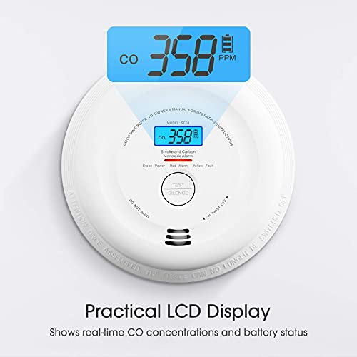 X-Sense Detector de humo y monóxido de carbono con batería de 10 años y pantalla LCD, Alarma de humo y CO de doble sensor cumple con estándares EN 14604 y EN 50291, Verificación automática, SC08