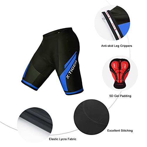 X-TIGER Hombres de Bicicleta con 5D Gel Acolchado MTB Ciclismo Tirantes Culotte Pantalones Cortos Culotes (XXL, Azul)