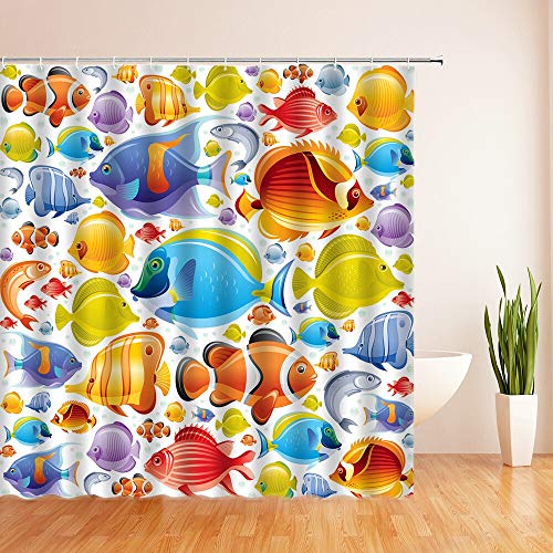 XCBN Cortinas de Ducha de Dibujos Animados de Peces de Colores oceánicos, Cortina de baño, Cortina de baño de decoración de Tela Impermeable con Ganchos A10 180x180cm