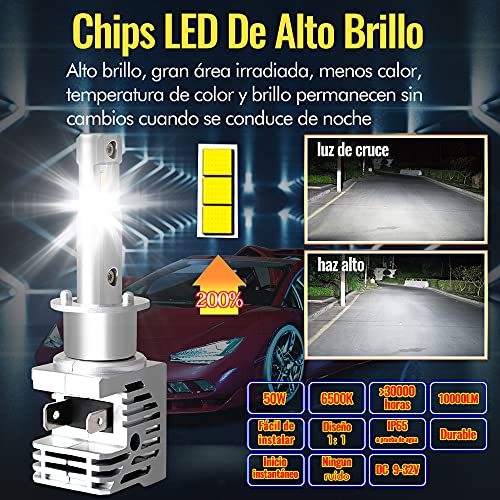 XENPLUS Bombilla H1 LED para Coche,50W 10000LM 6500K Blanco Faros Delanteros sin Ventilador en Línea Luce, Kit de LED H1 ,Faros Reemplazo de Halógena y Kit Faros antiniebla 2 Lámparas