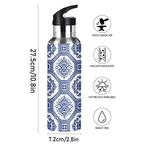 xigua Botella de agua deportiva aislada de 22 onzas con tapa de pajita de acero inoxidable, botellas térmicas a prueba de fugas, bohemia Talavera cerámica azul
