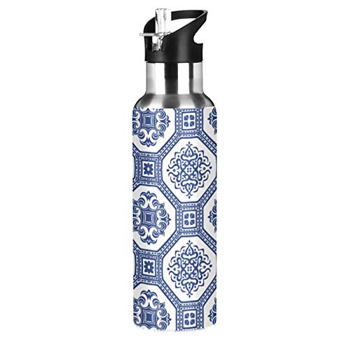 xigua Botella de agua deportiva aislada de 22 onzas con tapa de pajita de acero inoxidable, botellas térmicas a prueba de fugas, bohemia Talavera cerámica azul