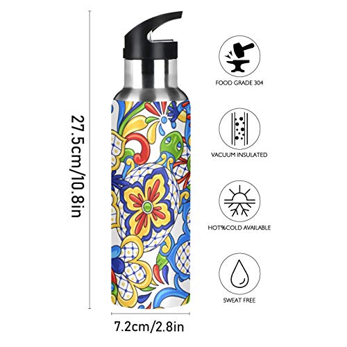 xigua Botella de agua deportiva aislada de 22 onzas con tapa de pajita de acero inoxidable, botellas térmicas a prueba de fugas, cerámica mexicana bohemia Talavera