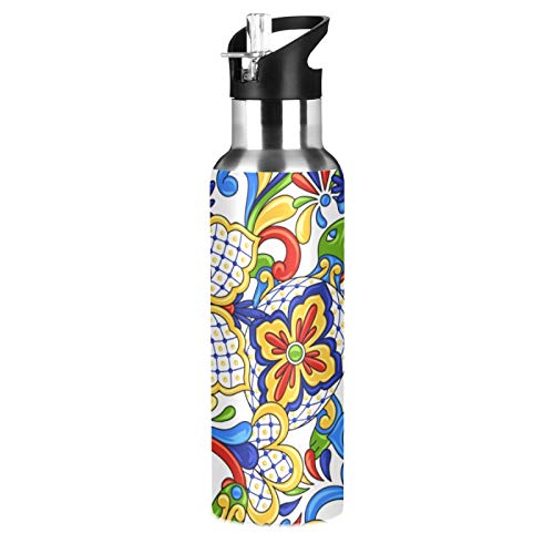xigua Botella de agua deportiva aislada de 22 onzas con tapa de pajita de acero inoxidable, botellas térmicas a prueba de fugas, cerámica mexicana bohemia Talavera