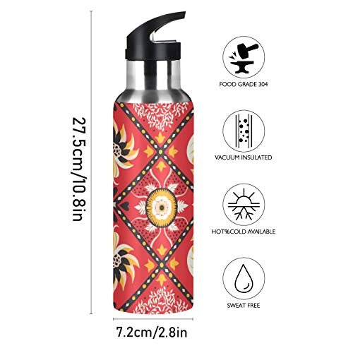 xigua Botella de agua deportiva aislada de 22 onzas con tapa de pajita de acero inoxidable, botellas térmicas a prueba de fugas, talavera mexicana roja